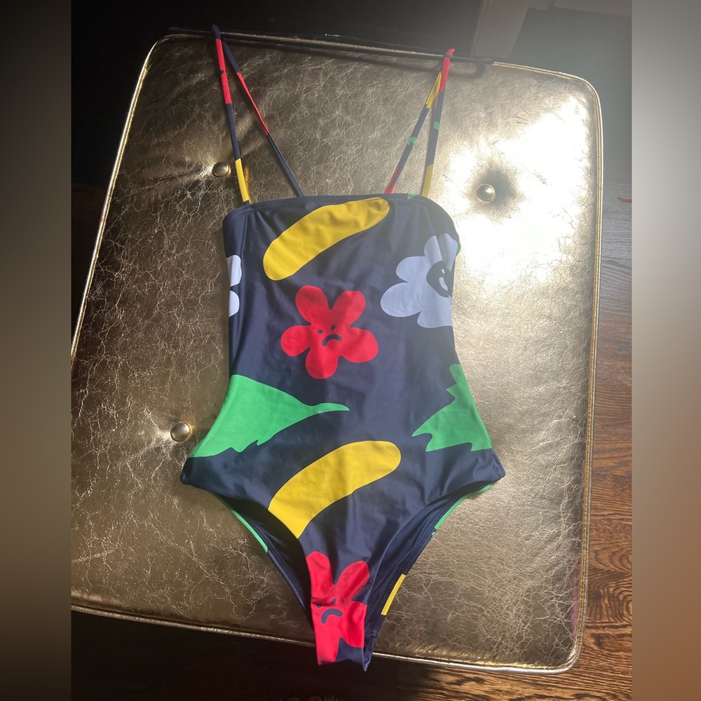 Lazy Oaf one piece swimsuit flower bed smiley and frowny faces swim